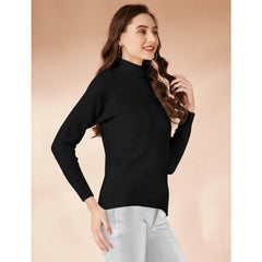 Mayawye Women's Polyester Solid High Neck Full Sleeve T-Shirt (Black)