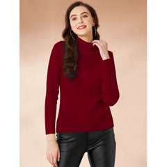 Mayawye Women's Polyester Solid High Neck Full Sleeve T-Shirt (Maroon)