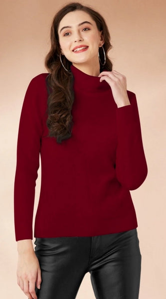 Mayawye Women's Polyester Solid High Neck Full Sleeve T-Shirt (Maroon)