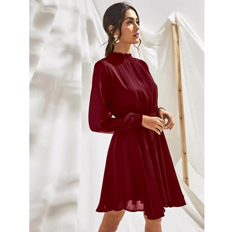 Mayawye Women's Fox Georgette Solid High Neck Full Sleeve Dress (Maroon)