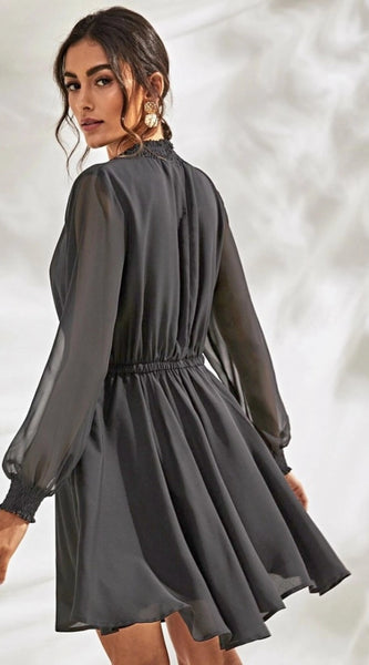Mayawye Women's Fox Georgette Solid High Neck Full Sleeve Dress (Grey)