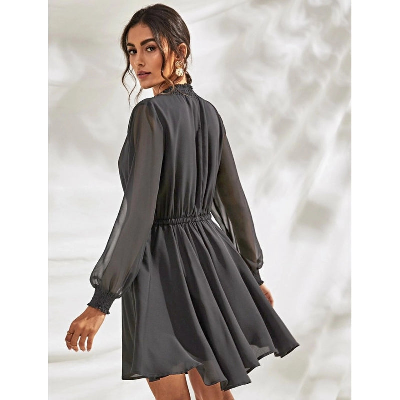 Mayawye Women's Fox Georgette Solid High Neck Full Sleeve Dress (Grey)