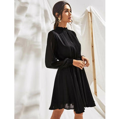 Mayawye Women's Fox Georgette Solid High Neck Full Sleeve Dress (Black)