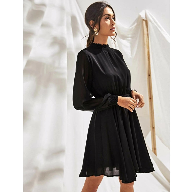 Mayawye Women's Fox Georgette Solid High Neck Full Sleeve Dress (Black)