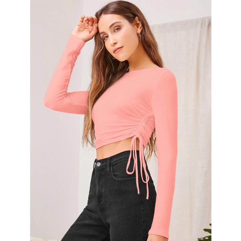 Mayawye Women's Polyester Solid Round Neck Full Sleeve Top (Peach)