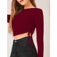 Mayawye Women's Polyester Solid Round Neck Full Sleeve Top (Maroon)