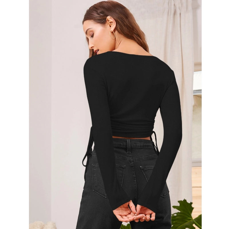 Mayawye Women's Polyester Solid Round Neck Full Sleeve Top (Black)