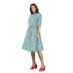 Mayawye Women's Ruby Cotton Printed Shirt Collar 3-4th Sleeve Dress (Pista)