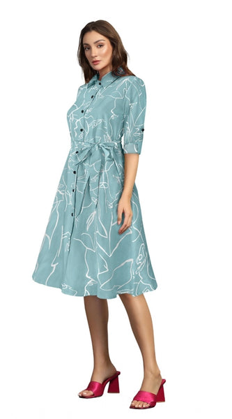 Mayawye Women's Ruby Cotton Printed Shirt Collar 3-4th Sleeve Dress (Pista)