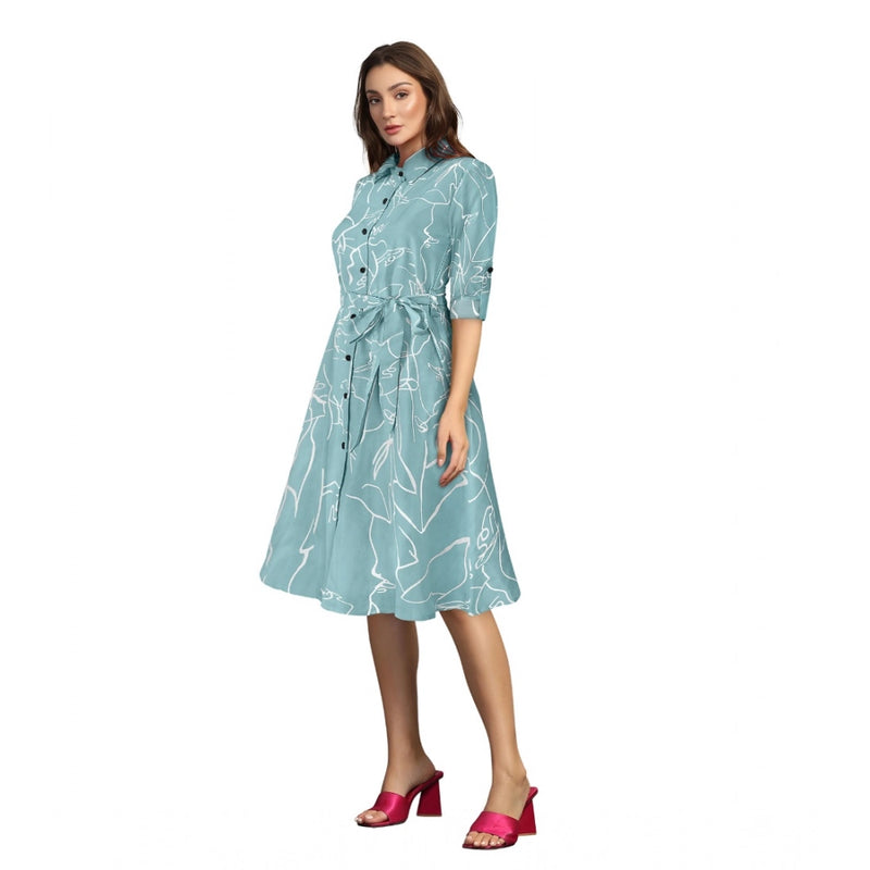 Mayawye Women's Ruby Cotton Printed Shirt Collar 3-4th Sleeve Dress (Pista)