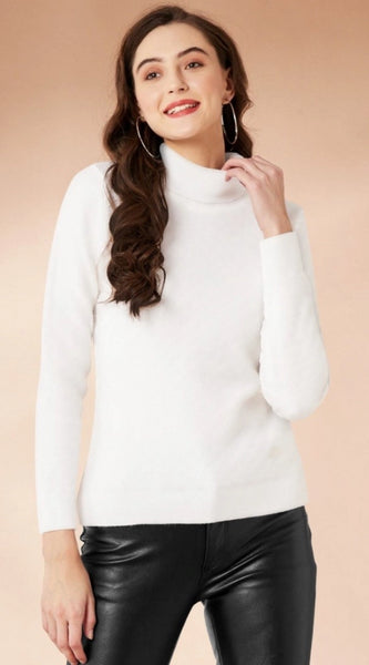 Mayawye Women's Polyester Solid High Neck Full Sleeve T-Shirt (White)