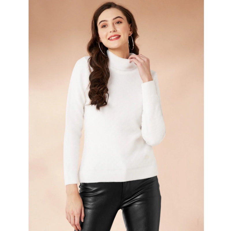 Mayawye Women's Polyester Solid High Neck Full Sleeve T-Shirt (White)