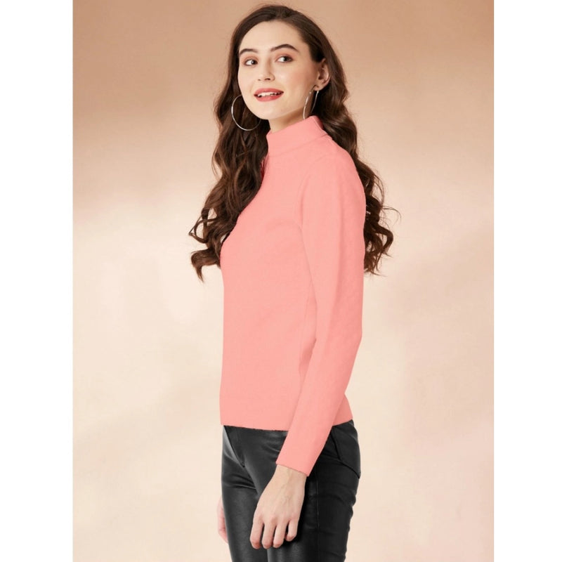 Mayawye Women's Polyester Solid High Neck Full Sleeve T-Shirt (Peach)