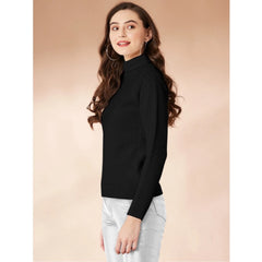 Mayawye Women's Polyester Solid High Neck Full Sleeve T-Shirt (Black)