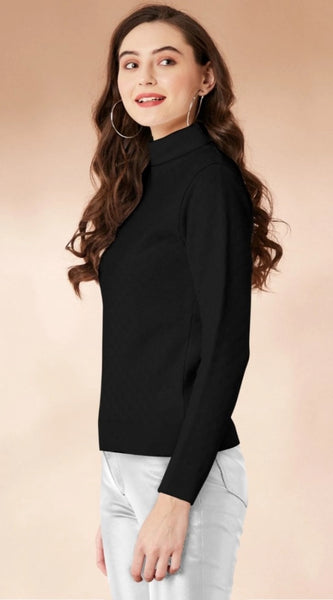 Mayawye Women's Polyester Solid High Neck Full Sleeve T-Shirt (Black)