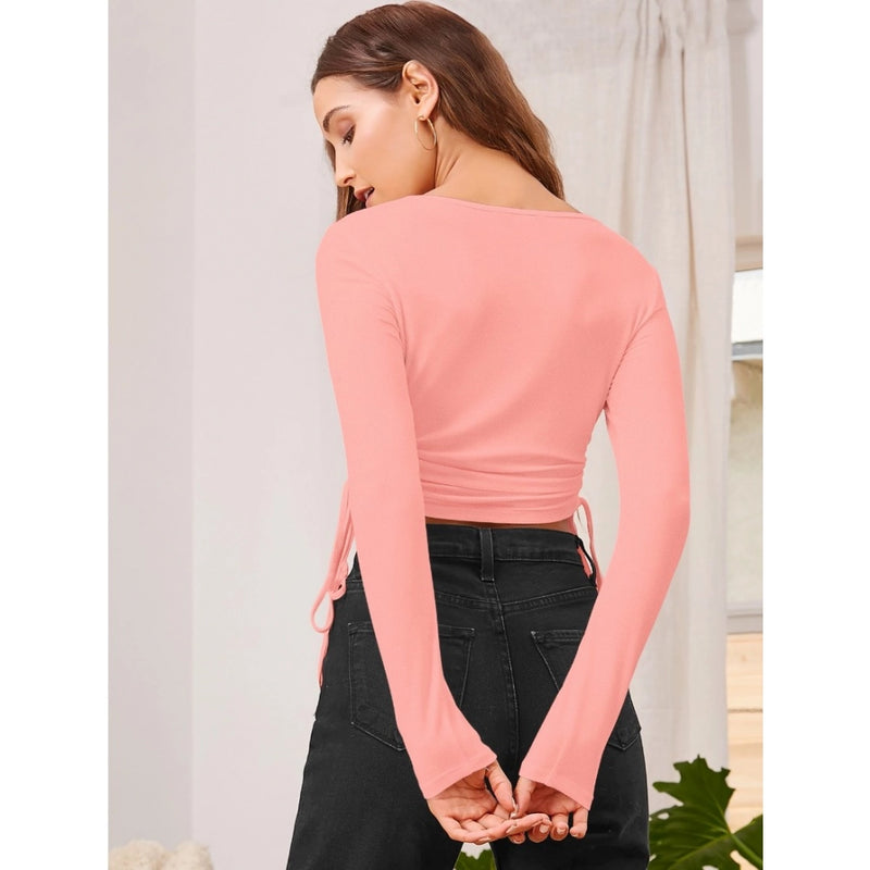 Mayawye Women's Polyester Solid Round Neck Full Sleeve Top (Peach)
