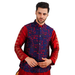 Mayawye Men's Jacquard Self-Design Sleeveless Mandarin Neck Waistcoat (Blue-Red)