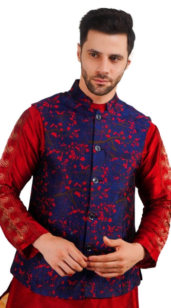 Mayawye Men's Jacquard Self-Design Sleeveless Mandarin Neck Waistcoat (Blue-Red)