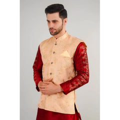 Mayawye Men's Jacquard Self-Design Sleeveless Mandarin Neck Waistcoat (Beige)