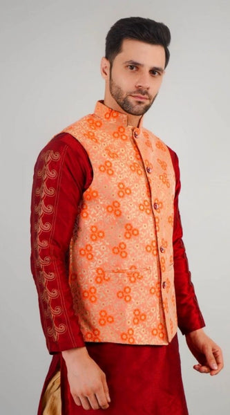 Mayawye Men's Jacquard Self-Design Sleeveless Mandarin Neck Waistcoat (Orange)