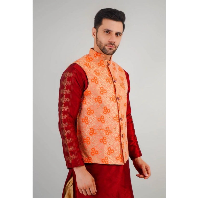 Mayawye Men's Jacquard Self-Design Sleeveless Mandarin Neck Waistcoat (Orange)
