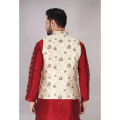 Mayawye Men's Jacquard Self-Design Sleeveless Mandarin Neck Waistcoat (Cream)