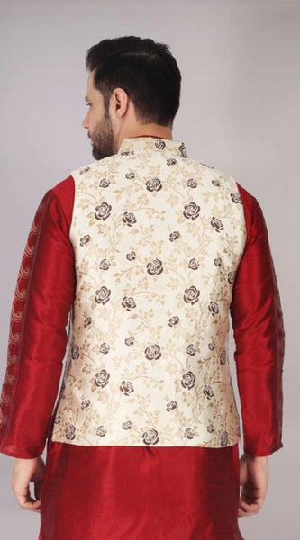 Mayawye Men's Jacquard Self-Design Sleeveless Mandarin Neck Waistcoat (Cream)