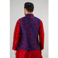 Mayawye Men's Jacquard Self-Design Sleeveless Mandarin Neck Waistcoat (Blue-Red)