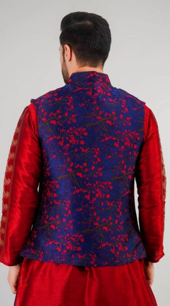 Mayawye Men's Jacquard Self-Design Sleeveless Mandarin Neck Waistcoat (Blue-Red)