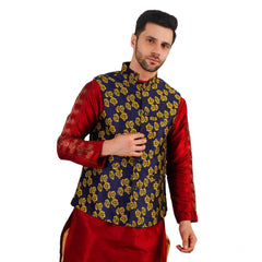 Mayawye Men's Jacquard Self-Design Sleeveless Mandarin Neck Waistcoat (Blue-Gold)