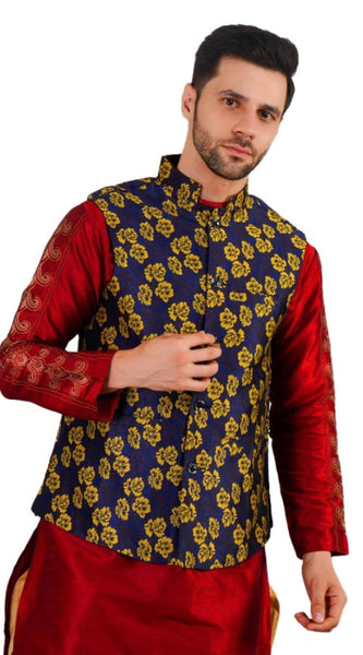Mayawye Men's Jacquard Self-Design Sleeveless Mandarin Neck Waistcoat (Blue-Gold)