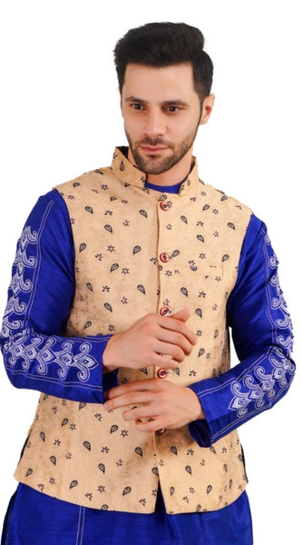 Mayawye Men's Jacquard Self-Design Sleeveless Mandarin Neck Waistcoat (Beige)