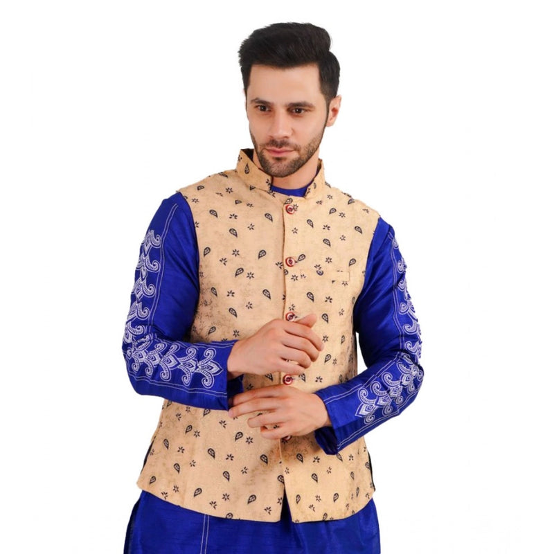 Mayawye Men's Jacquard Self-Design Sleeveless Mandarin Neck Waistcoat (Beige)