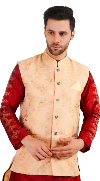 Mayawye Men's Jacquard Self-Design Sleeveless Mandarin Neck Waistcoat (Beige)