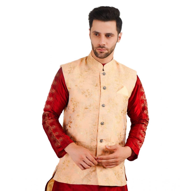 Mayawye Men's Jacquard Self-Design Sleeveless Mandarin Neck Waistcoat (Beige)