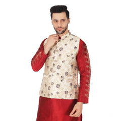 Mayawye Men's Jacquard Self-Design Sleeveless Mandarin Neck Waistcoat (Cream)