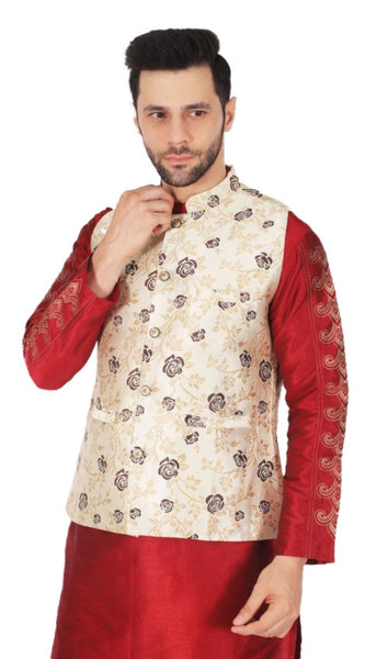 Mayawye Men's Jacquard Self-Design Sleeveless Mandarin Neck Waistcoat (Cream)