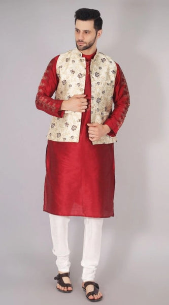 Mayawye Men's Jacquard Self-Design Sleeveless Mandarin Neck Waistcoat (Cream)