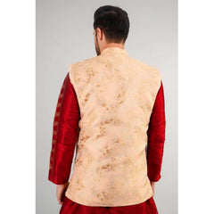 Mayawye Men's Jacquard Self-Design Sleeveless Mandarin Neck Waistcoat (Beige)