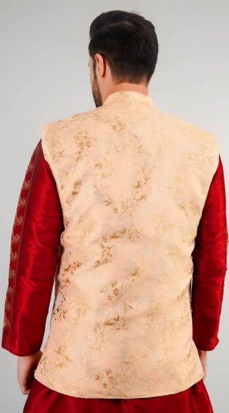 Mayawye Men's Jacquard Self-Design Sleeveless Mandarin Neck Waistcoat (Beige)