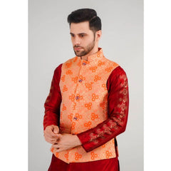 Mayawye Men's Jacquard Self-Design Sleeveless Mandarin Neck Waistcoat (Orange)