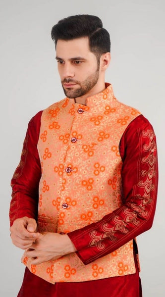 Mayawye Men's Jacquard Self-Design Sleeveless Mandarin Neck Waistcoat (Orange)
