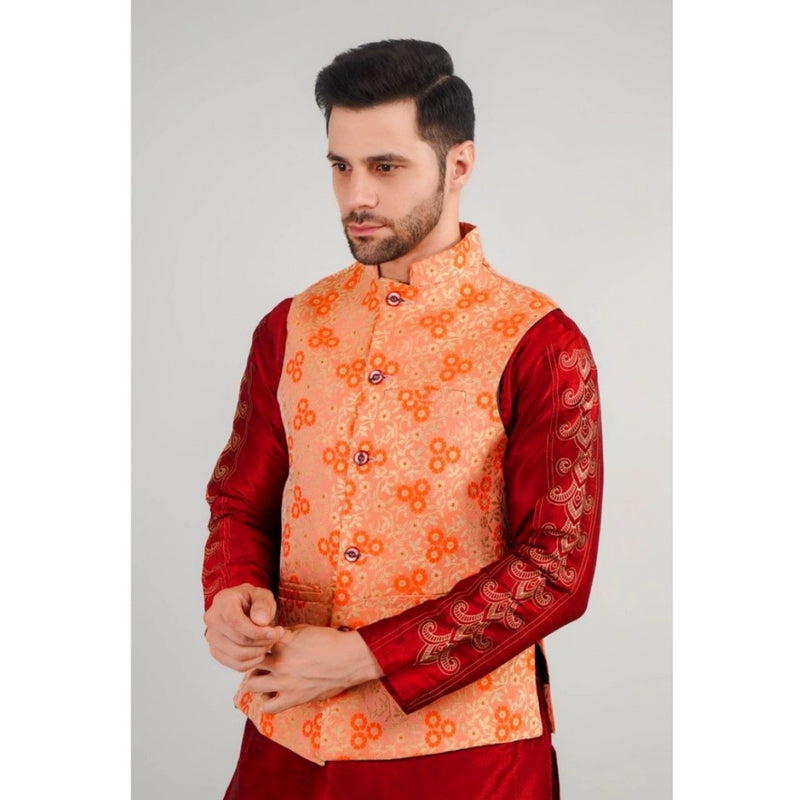 Mayawye Men's Jacquard Self-Design Sleeveless Mandarin Neck Waistcoat (Orange)