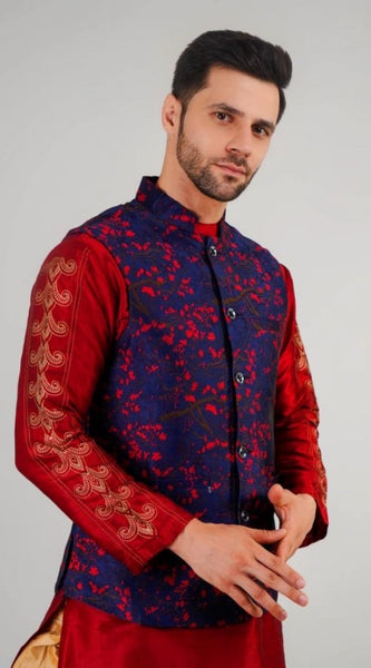 Mayawye Men's Jacquard Self-Design Sleeveless Mandarin Neck Waistcoat (Blue-Red)