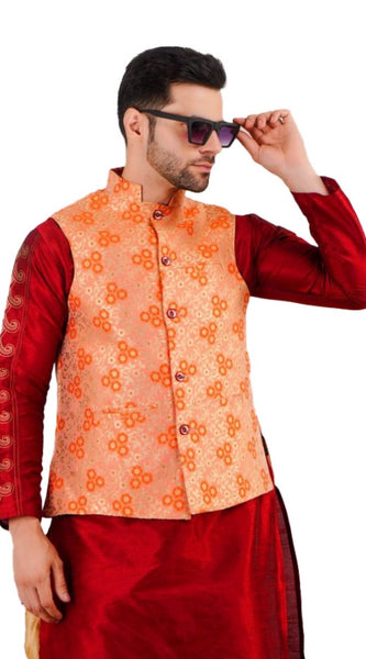 Mayawye Men's Jacquard Self-Design Sleeveless Mandarin Neck Waistcoat (Orange)