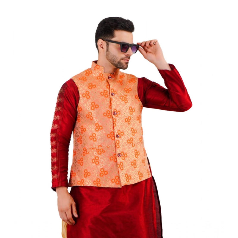 Mayawye Men's Jacquard Self-Design Sleeveless Mandarin Neck Waistcoat (Orange)