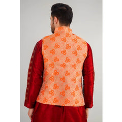 Mayawye Men's Jacquard Self-Design Sleeveless Mandarin Neck Waistcoat (Orange)