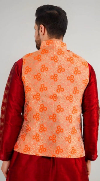 Mayawye Men's Jacquard Self-Design Sleeveless Mandarin Neck Waistcoat (Orange)
