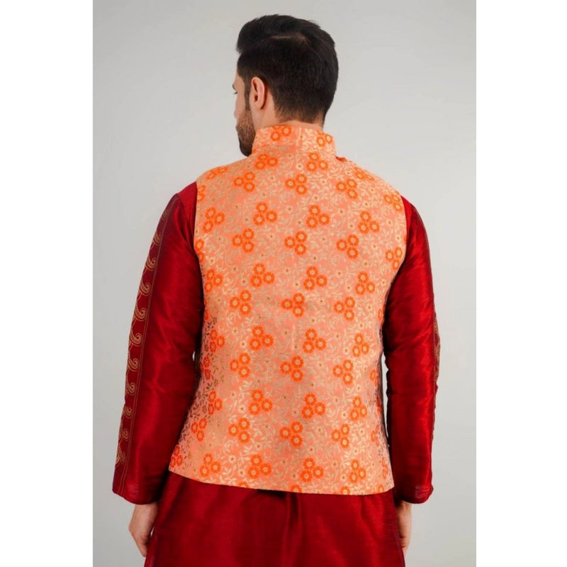 Mayawye Men's Jacquard Self-Design Sleeveless Mandarin Neck Waistcoat (Orange)