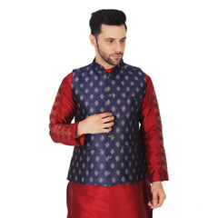 Mayawye Men's Jacquard Self-Design Sleeveless Mandarin Neck Waistcoat (NavyBlue-Gold)